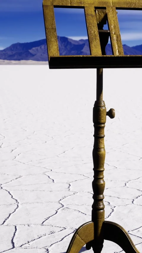 Empty stand on salt flat with mountains in the background during sunny day Stock Footage 335958931