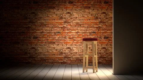 Empty stand up stage room background, bar stool, brick wall, wooden floor in Foto stock