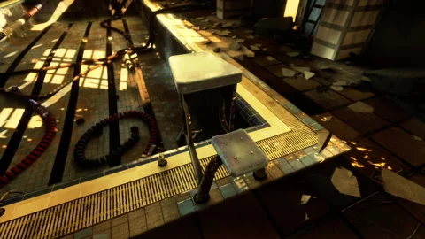 Empty Starting Block by the Edge of an Abandoned Indoor Swimming Pool at Sunset Stock Footage 348159349