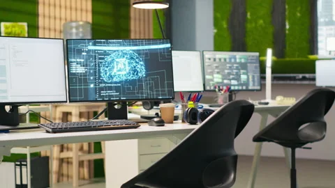 Empty startup office with AI neural networks program running on PC monitors Stock Footage 313016763
