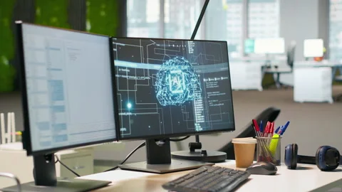 Empty startup office with artificial intelligence program running on PC monitors Stock Footage 313015973