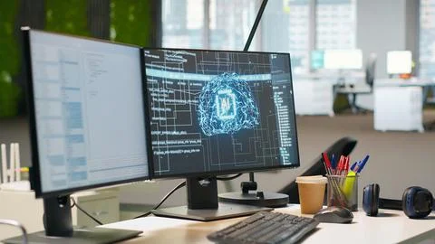 Empty startup office with artificial intelligence program running on PC monitors Stockfoto's