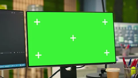 Empty startup office with green screen PC and artificial intelligence program Stock Footage 313014469
