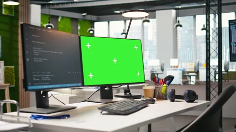 Empty startup office with green screen PC and artificial intelligence program Stock Footage 313015543