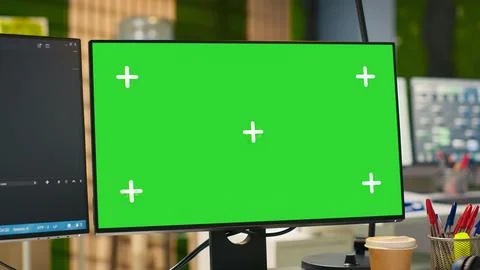Empty startup office with green screen PC and artificial intelligence program Foto stock