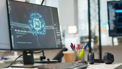 Empty startup office with neural networks program running on PC Stock Footage 313016110