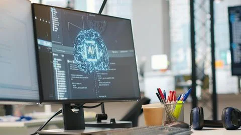 Empty startup office with neural networks program running on PC 스톡 사진