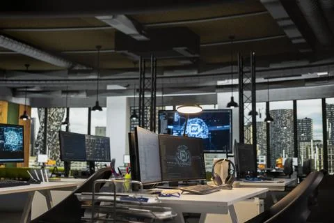 Empty startup office with PCs to be used by programmers 库存照片