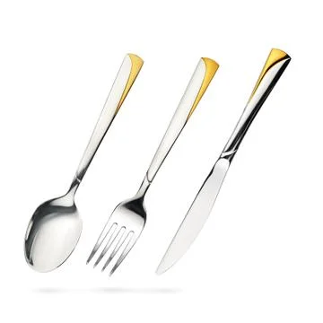 Empty steel table spoon, fork, knife iisolated on white Stock Photos