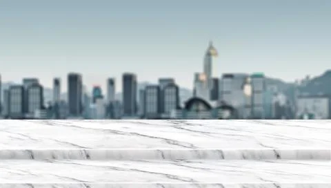 Empty step white marble table top balcony at blur cityscape view building,Moc Stock Photos