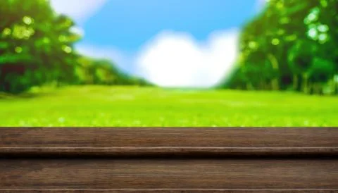 Empty step wood table top with blur tree in park with bokeh light at backgrou Stock Photos