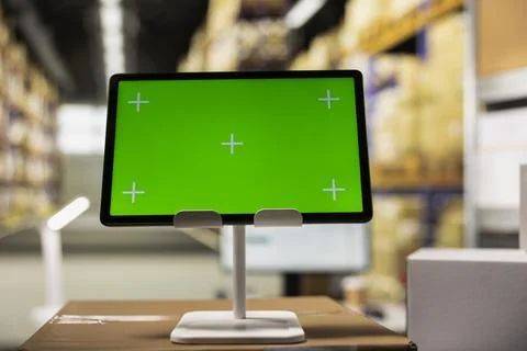 Empty stock room with isolated copy space monitor on workstation Stock Photos