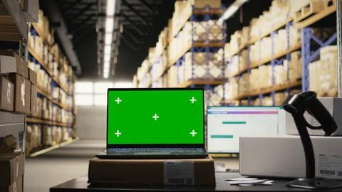 Empty stock room with isolated copy space monitor on workstation Stock Photos