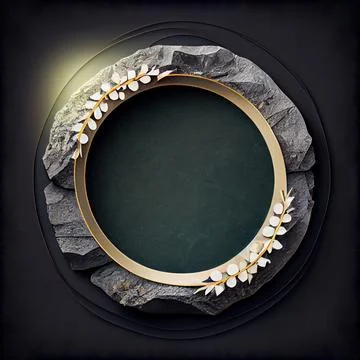 An empty stone circle frame with floral elements on black background. Stock Illustration