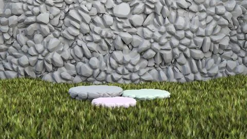 Empty stone display podium on grass field 3D render illustration Stock Illustration