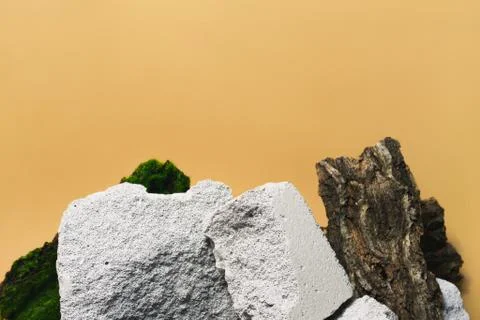 Empty stone podium, bark, moss template on beige background. Product, cosmetic Stock Photos