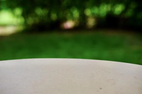 Empty stone table with free space over green background. For product display Stock Photos