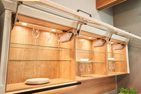 Empty storage box. Open drawer for different utensils and storage. Kitchen Stock Photos