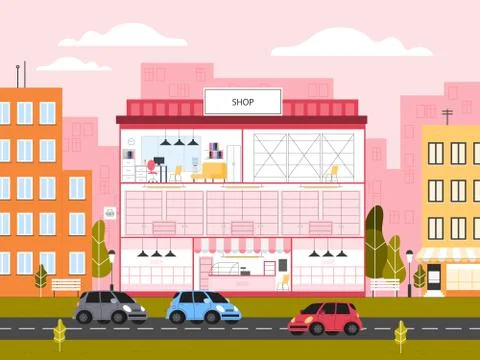 Empty store interior. Counter, shelves and exposition. Stock Illustration