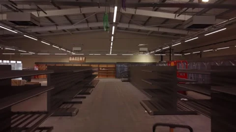 Empty store shelves in aisle moving toward bakery section, dolly motion shot Stock Footage 343783046