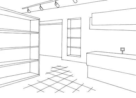 Empty store shop interior black white graphic sketch illustration vector Stock Illustration
