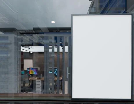 Empty storefront with a blank billboard. Modern office interior visible thr.. Stock Illustration