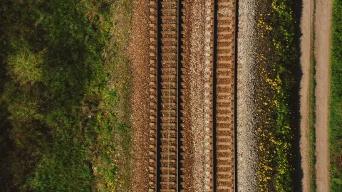 Empty Straight Railways at Spring Sunny Day , Endless Railway without Train Stock Footage 107086833