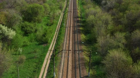 Empty Straight Railways at Spring Sunny Day , Endless Railway without Train Stock Footage 107088270