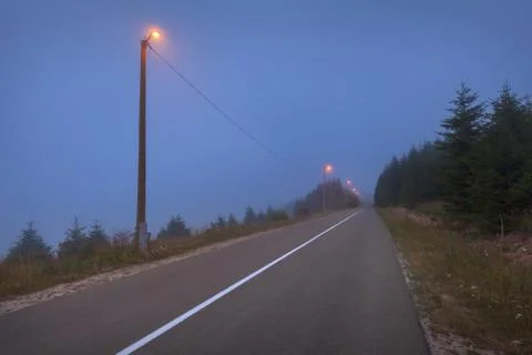 Empty straight road in mountain forest at spooky dusk 写真素材