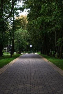 An empty, straight, sidewalk, pedestrian path in the forest park. Street cloc Stock Photos