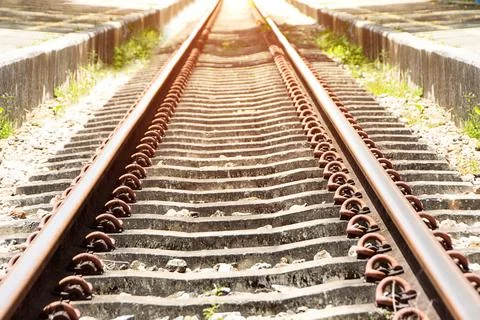 Empty Straight Two-Way Railways At Summer Sunny Day, Between Two Railroad T.. Stock Photos