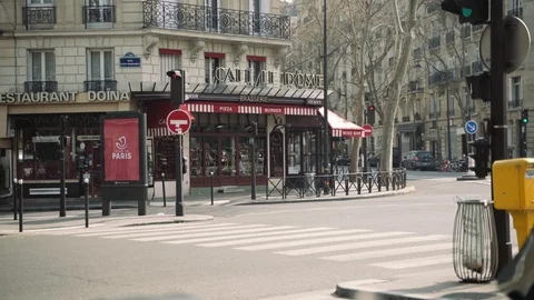Empty street and closed cafe terrace in Paris during coronavirus lockdown 4K Stock Footage 126752988