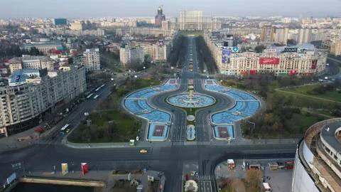 Empty street in Bucharest Unirii Square and Romanian Parliament due to Covis-19 Stock Footage 132279735