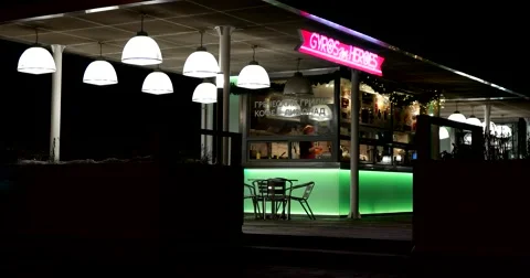 Empty street cafe, illuminations, cold, deserted Stock Footage 67767183