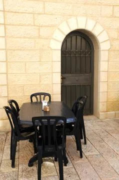 Empty street cafe in jerusalem Stock Photos