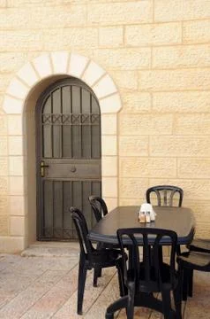 Empty street cafe in jerusalem Stock Photos