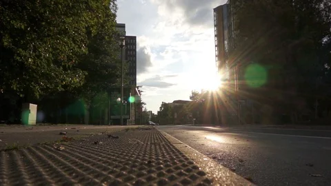 Empty street Dusseldorf with sun flare Stock Footage