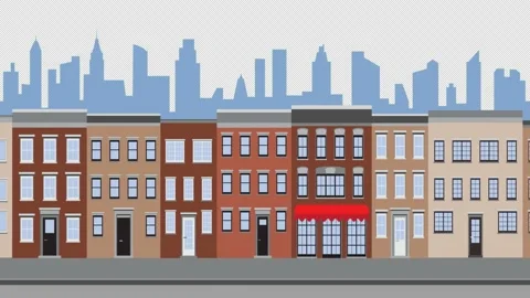 Empty street looping animation with old houses and skyscrapers Stock Footage 140185668
