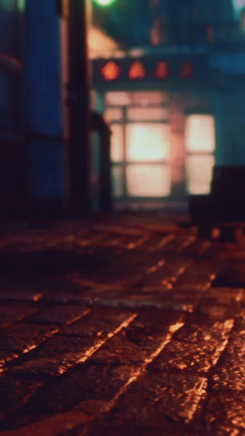 Empty street at night with lights and reflections on the wet ground Stock Footage 346676571
