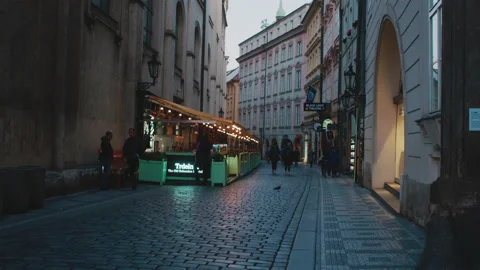 Empty street of Prague with empty cafe during coronavirus november 2020 Stock Footage 142753343