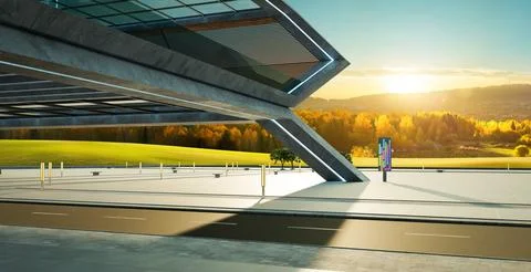 Empty street under the bridge with beautiful sunrise landscape scene Stock Illustration