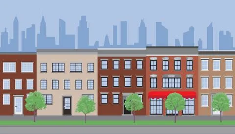 Empty street vector illustration with old houses Stock Illustration