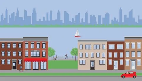 Empty street vector illustration with old houses Stock Illustration