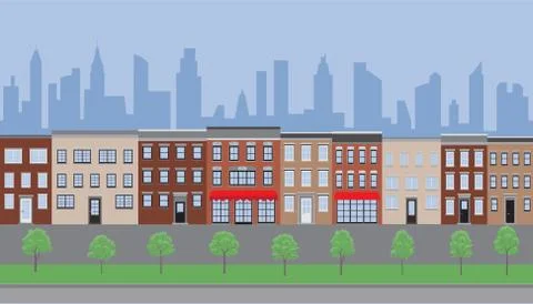 Empty street vector illustration with old houses Stock Illustration