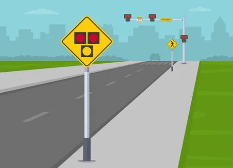 Empty street view. Close-up of "Hawk beacon ahead" sign, crosswalk with hawk Stock Illustration