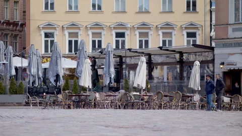Empty streets and closed cafes in the center of Riga. Stock Footage 309553265