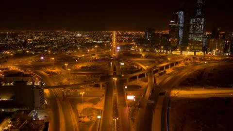 Empty streets and King Abdullah Financial Center in Riyadh, Saudi Arabia. Stock Photos