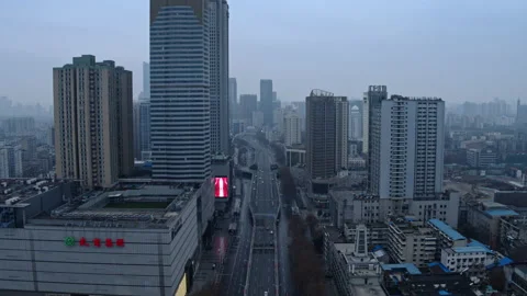 Empty streets, China coronavirus lockdown,  Wuhan city, 4K aerial 動画素材 132073545