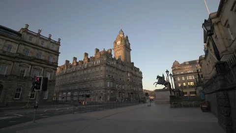 Empty streets during Covid 19 Coronavirus lockdown. Quarantine in Edinburgh Stock Footage 129591399