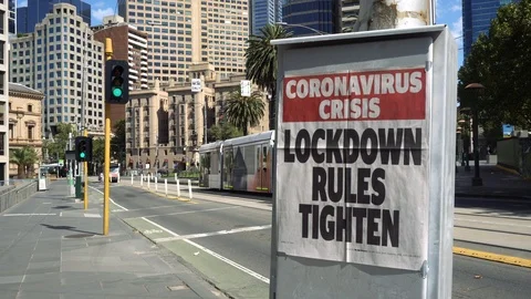 Empty streets in Melbourne, Australia alongside 'lockdown' newspaper Stock Footage